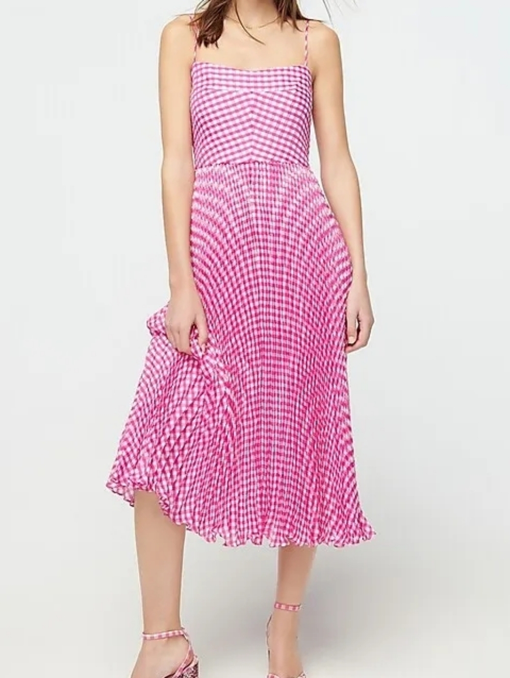 J. Crew Pleated Pink & White Crinkle Gingham Dress Women's size 2 NWT
